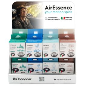   Phonocar 04985 Prémium illatosító készlet kínáló csomag 4 illattal, 8 készlet + 16 utántöltő, kompakt asztali display
