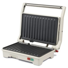   Girmi TS15 kontakt grill tapadásmentes lapokkal, 900W, homok-bézs színben, 180° nyitható, szendvics, panini, hús, Incanto sorozat