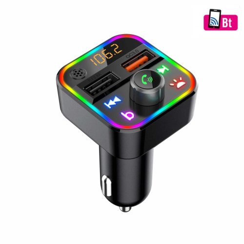SAL FMBT 18RGB autós kihangosító és töltő, 5 in 1, FM modulátor, dupla USB gyorstöltő, feszültségmérő, basszus-kiemelés gomb