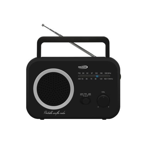 HAUSER TR-9205 AM/FM analóg táskarádió, max. 0,8 W RMS teljesítmény, elemes és hálózati tápellátás, fekete színű