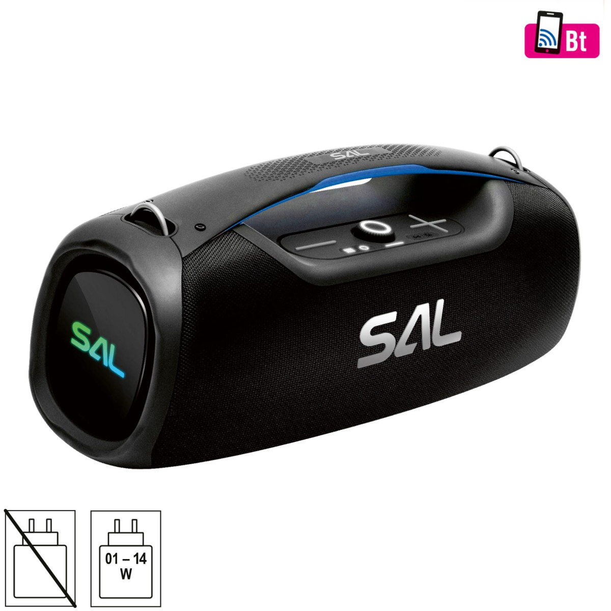 Image of SAL BT9000 hordozható boombox, vezeték nélküli hangszóró, 100 W, IPX5, BT TWS, AUX, USB/microSD, Soft Touch gombok, ~10 h üzemidő, USB-C töltőkábel