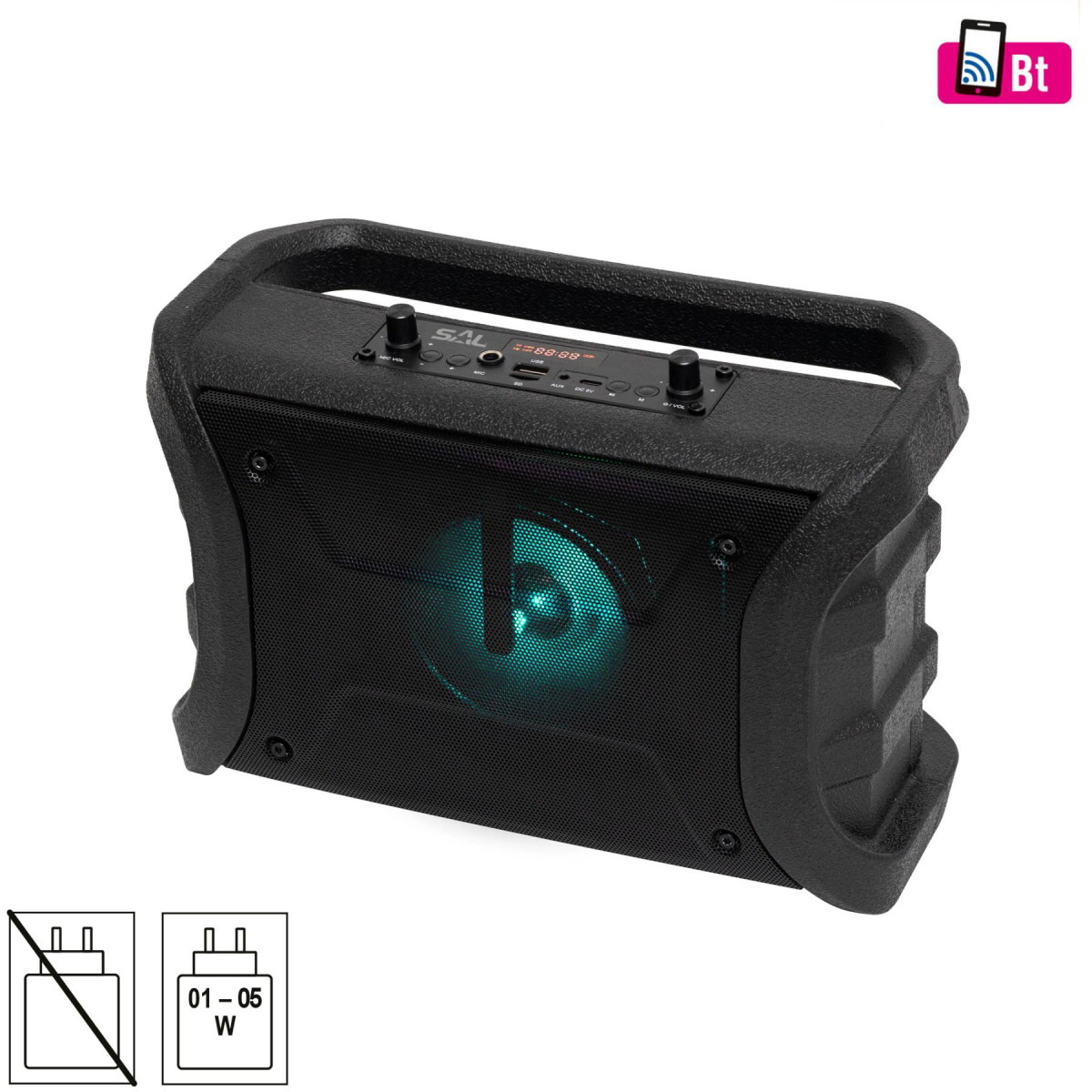Image of SAL BTWORKY munka és szabadidő hangszóró, 8 W, FM rádió, BT TWS, USB/microSD, AUX, RGB LED, USB-C töltőkábel, ~20 h üzemidő