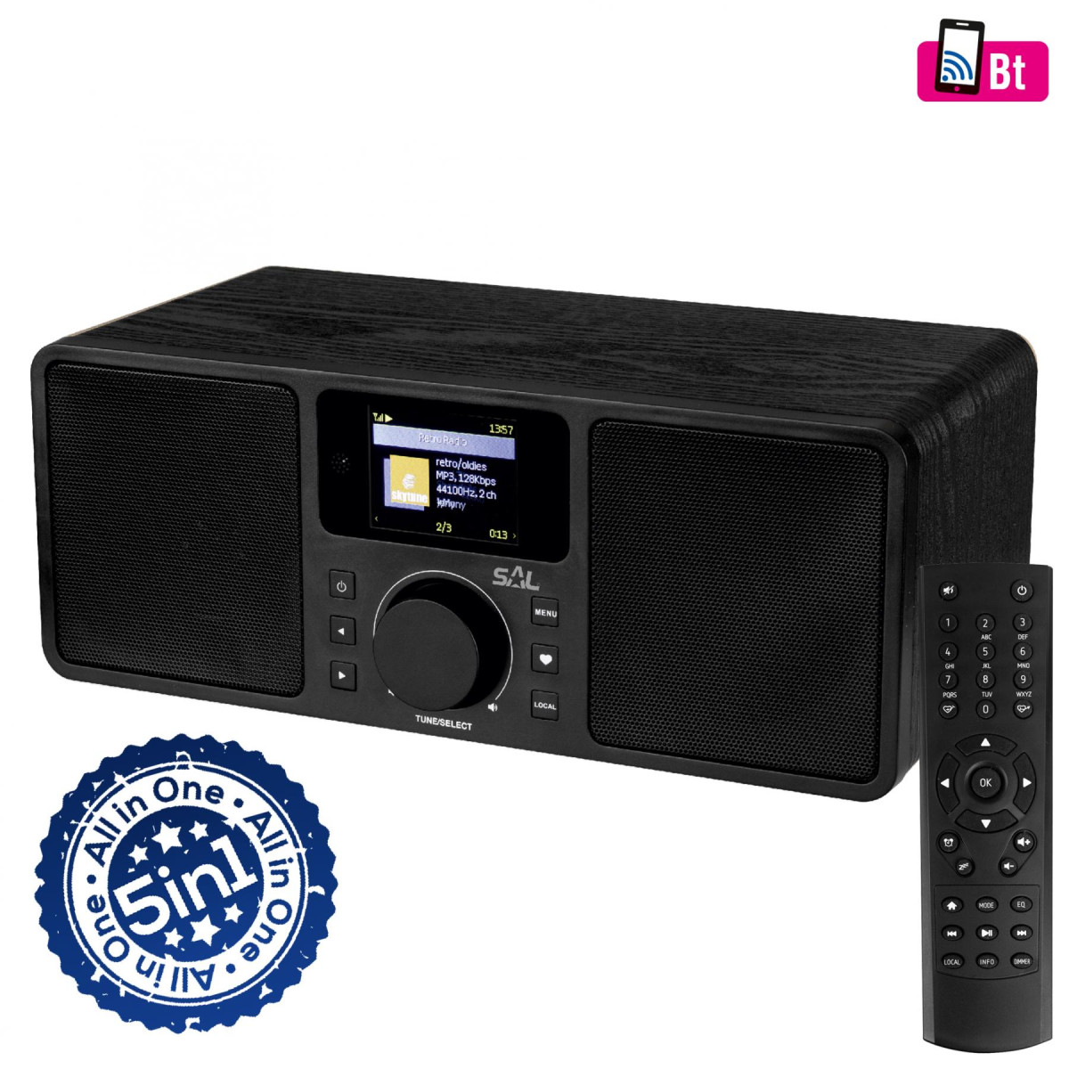 Image of SAL INR 5000/BK internetrádió, 5 in 1, 2x5 W, Bass reflex, világrádió, FM RDS, BT, AUX, Média Center hálózati zenetár, EQ