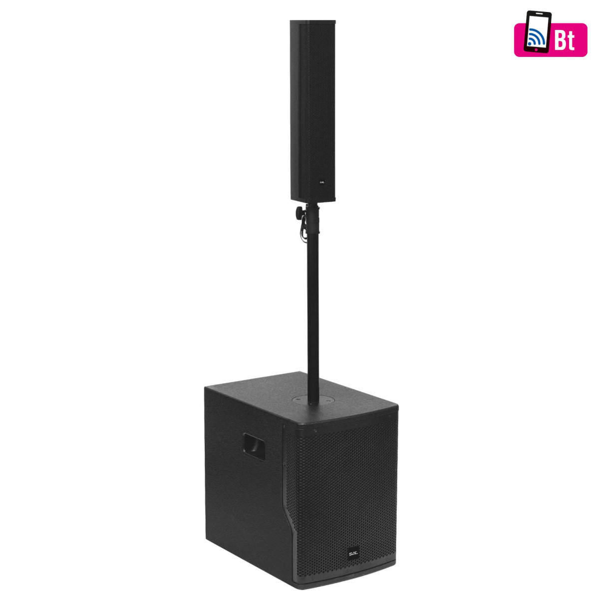 Image of SAL PAS10W43S professzionális oszlopsugárzó hangrendszer, max. 800 W, 25cm mélysugárzó, 4x3” szélessávú satellit hangszóró, aktív zenekari hangdoboz, Bluetooth, fém állvány