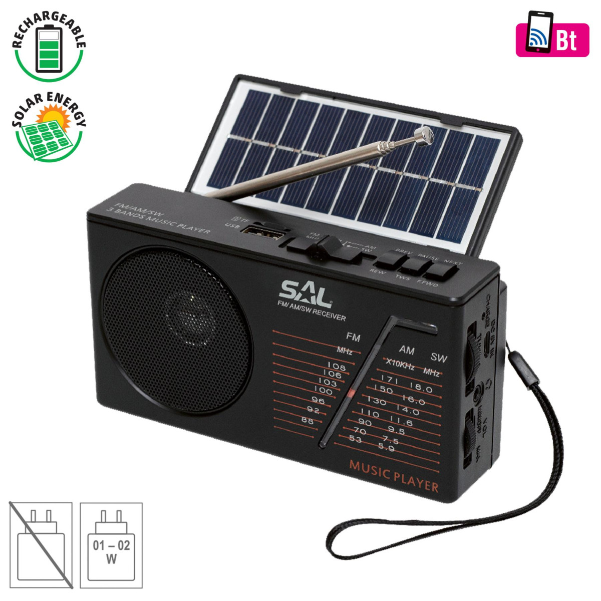 Image of SAL RPH 1 napelemes rádió és multimédia lejátszó, hibrid töltés, 3 sávos AM-FM-SW rádió, BT/USB/microSD, ~11 óra üzemidő