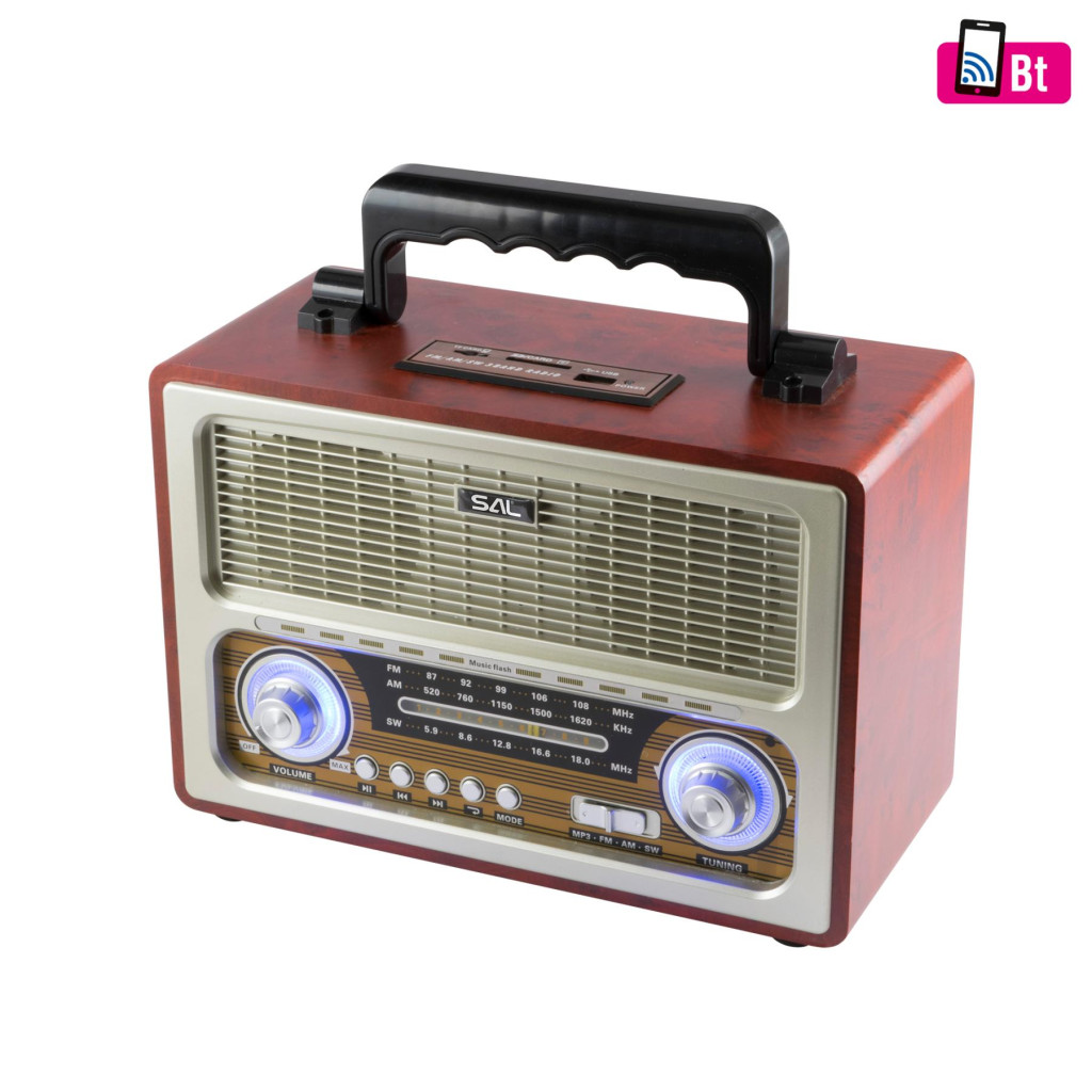 Image of SAL RRT3 retro táskarádió, stereo multimédia lejátszó, BT, USB/microSD, AUX, 3-sávos rádió, hálózati/elemes