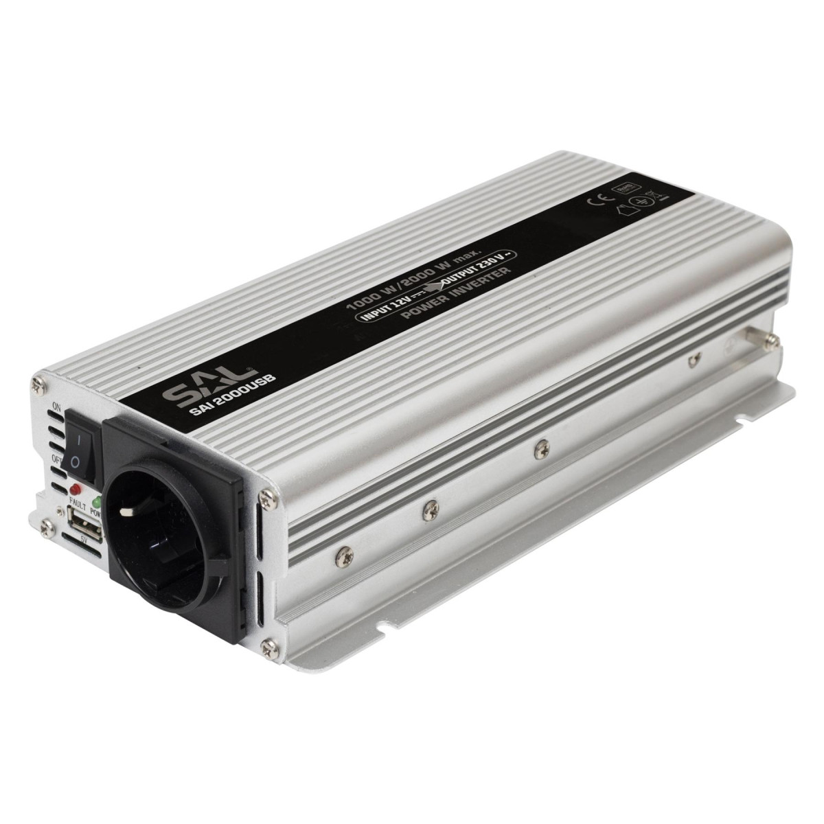 Image of SAL SAI 2000USB feszültségátalakító, 1000 W, inverter, 500 mA USB töltő, gyermekzár